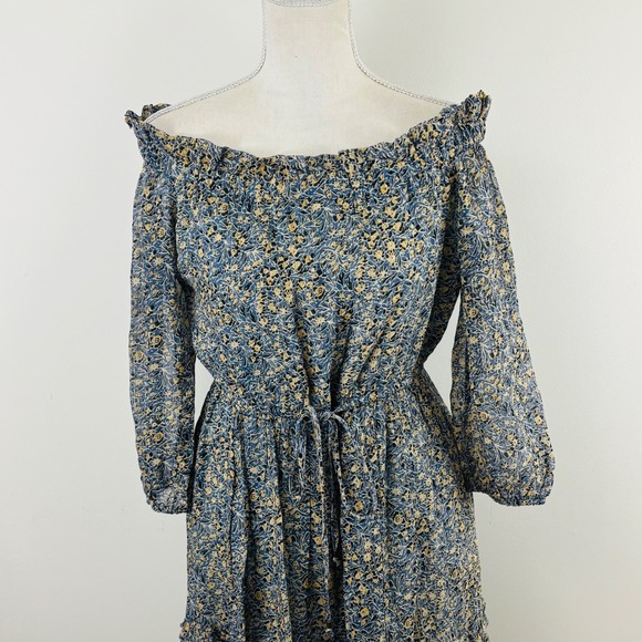 Anthropologie Kira Floral Off The Shoulder Tiered Midi Dress Blue Yellow Size 4 - Picture 3 of 10